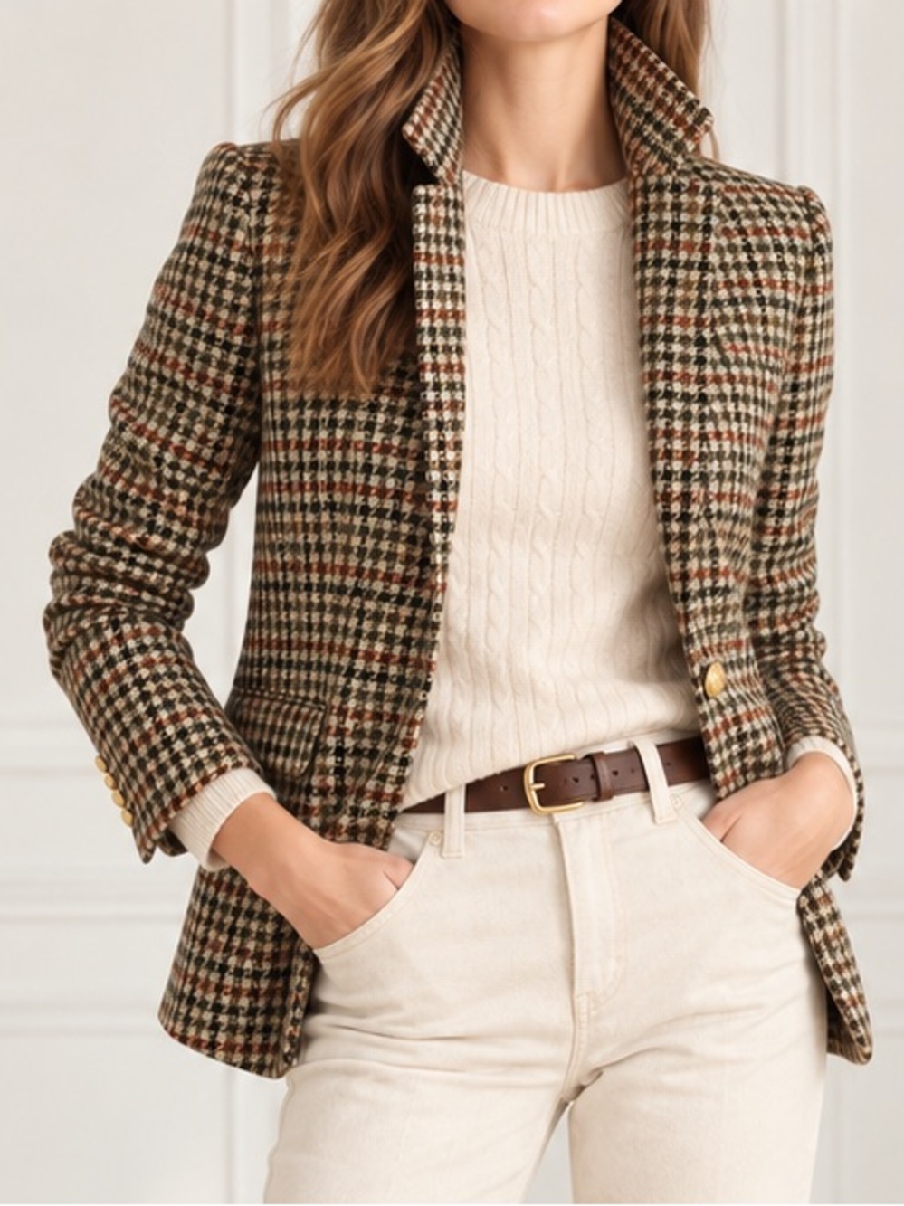 J. Crew Regent Blazer Sz 6P Moon Wool Houndstooth Plaid Green Brown Gold Buttons